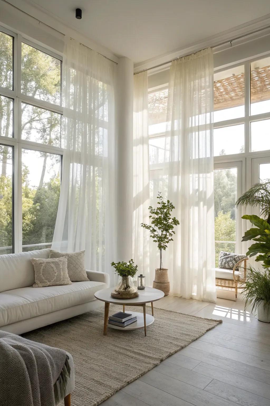Airy drapes offer seclusion while maintaining a bright and breezy ambiance.