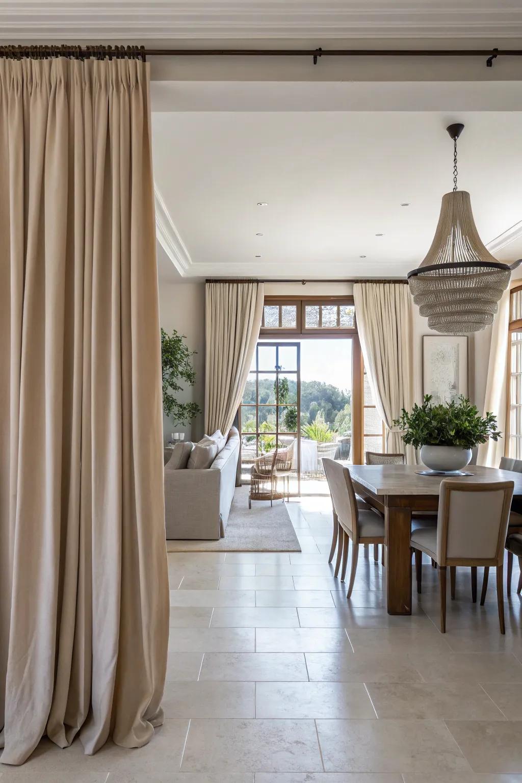 Neutral curtains distinctly define zones in an open floor plan.