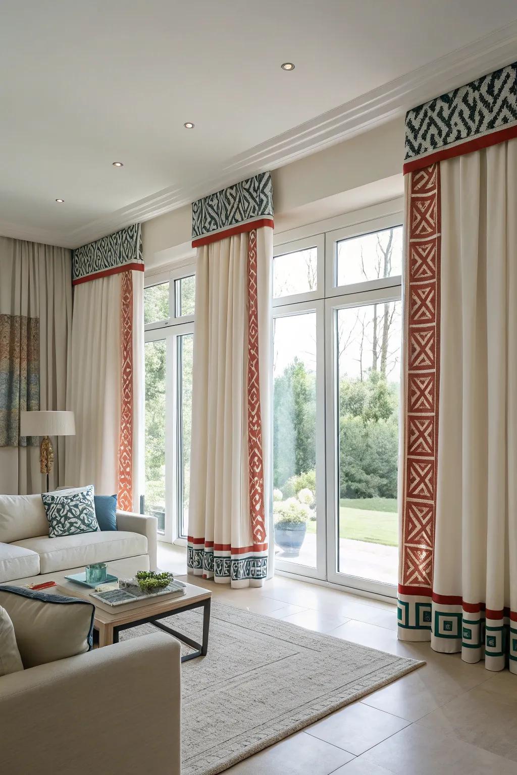 Modern curtains boasting striking symmetrical banding.