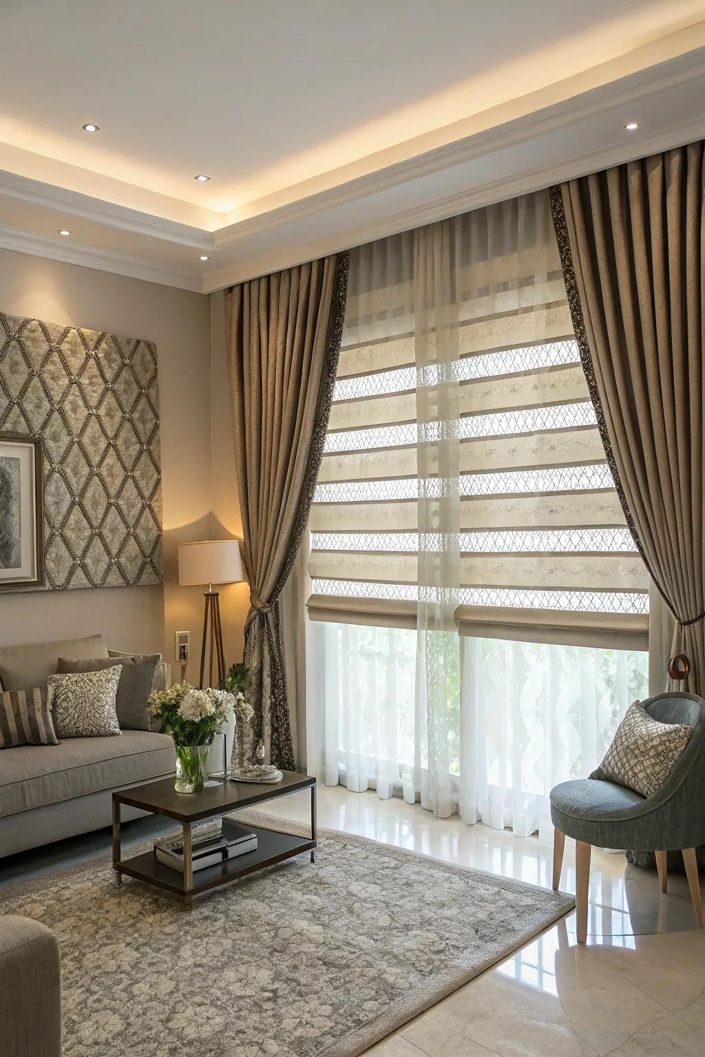 Layered window coverings introduce texture and refinement to your area.