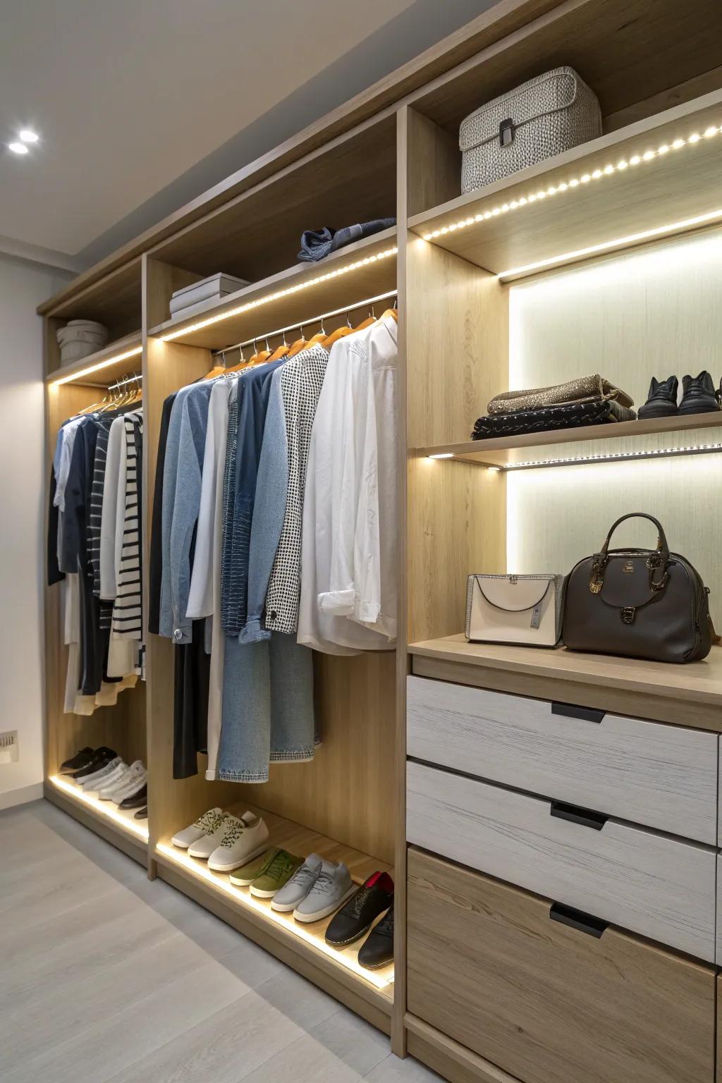 Built-in lighting brightens and improves closet usability.