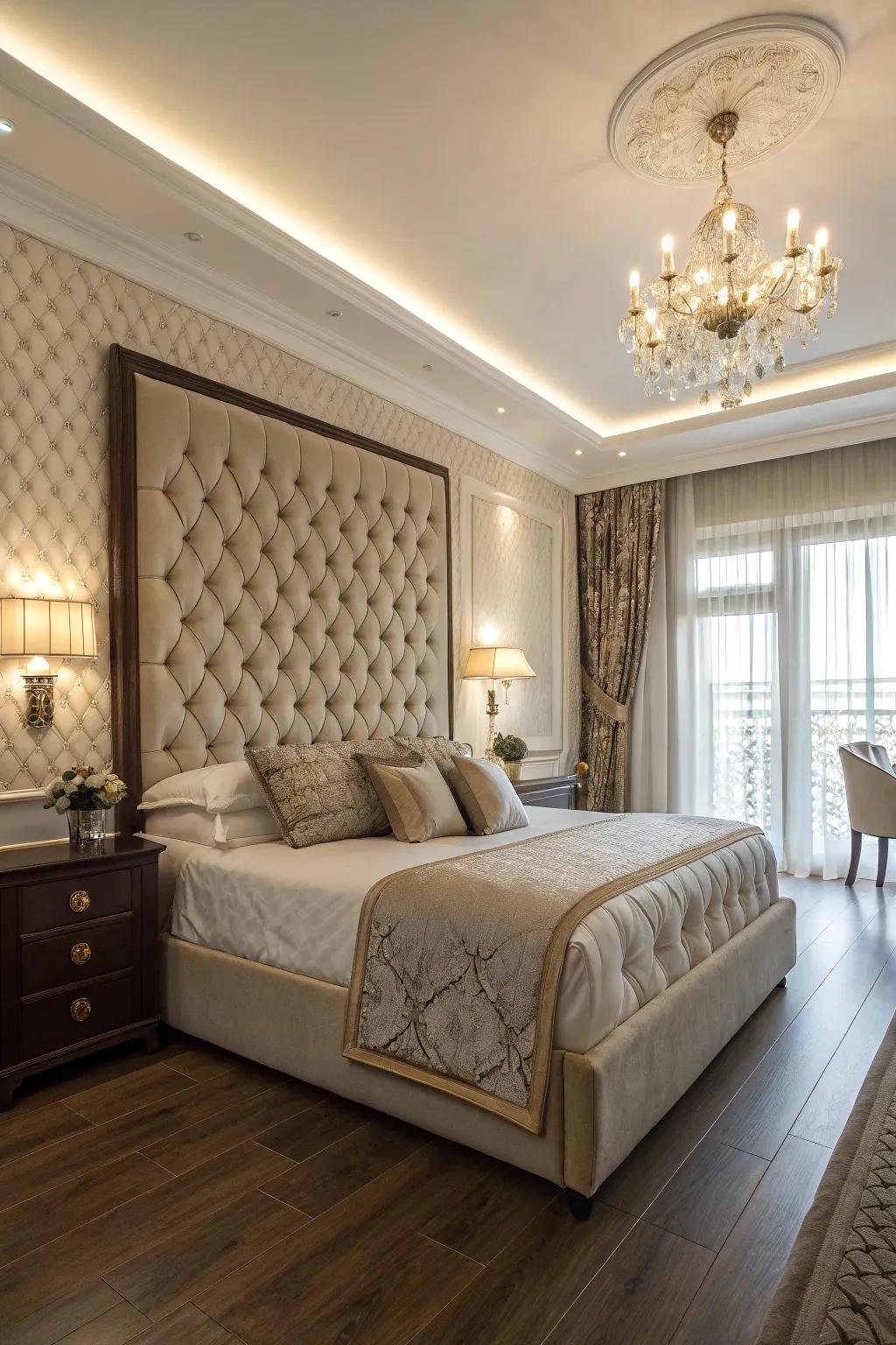 Bespoke cushioned headboard enhancing sophistication and coziness to the bedroom