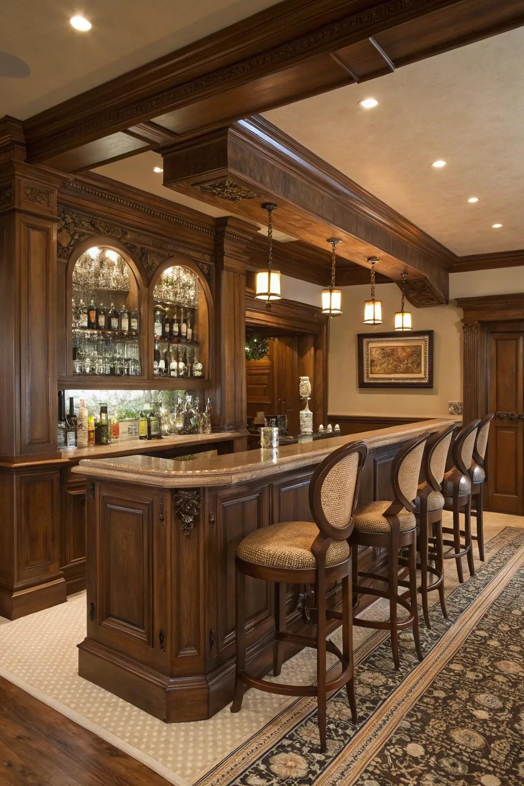 A classic dwelling bar with abundant wood shades and timeless refinement.