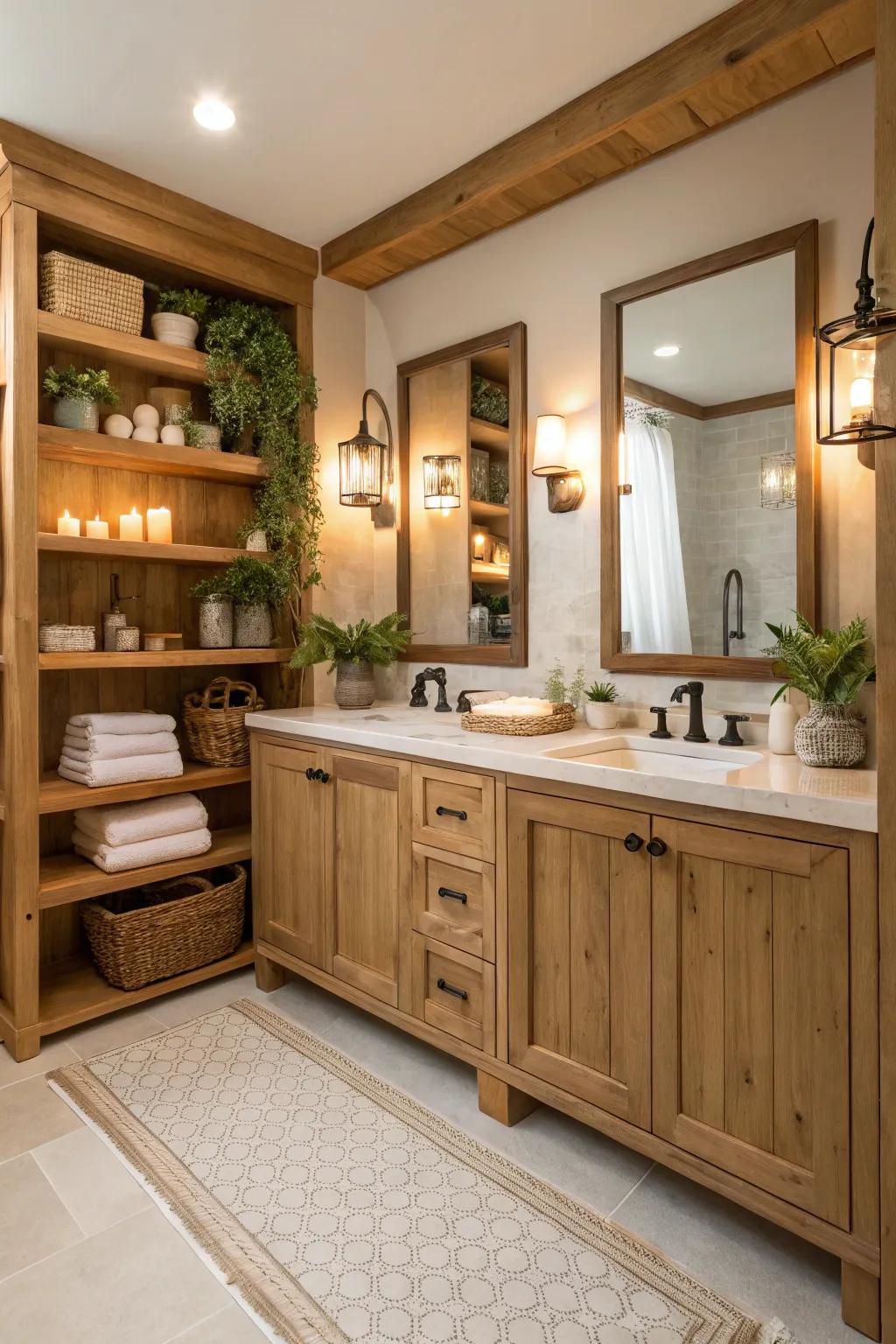 Organic wood accents bring a sense of warmth and texture to your restroom.