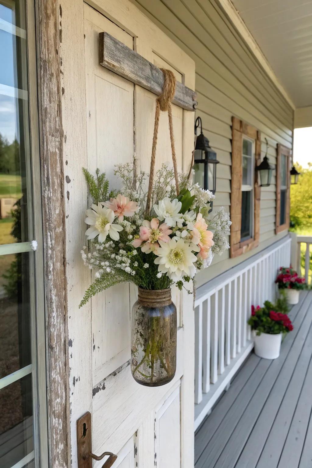 A rustic container door piece with a dash of floral sophistication.