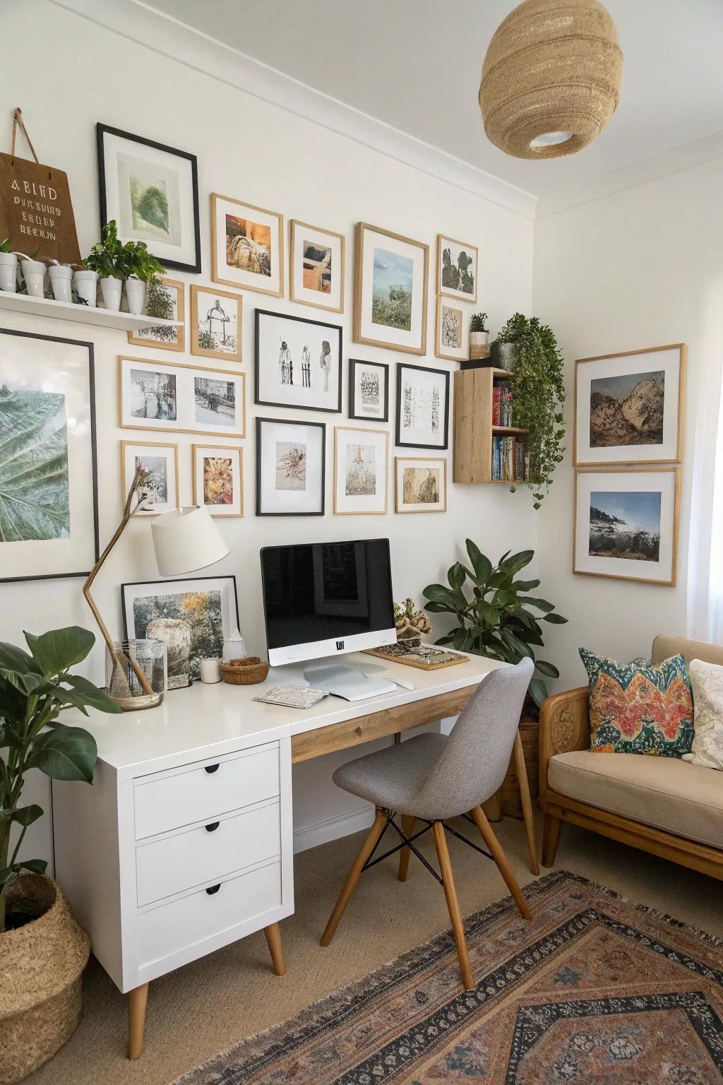 A personalized display wall in a home office, presenting art graphics and personal images.