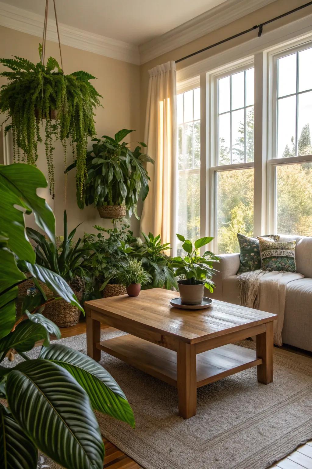 Natural components such as flora and timber breathe life into your living room.