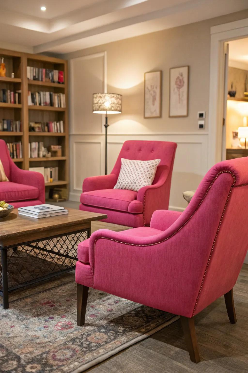 Roseate accent seating enriches the living area with a splash of hue and enhanced comfort.