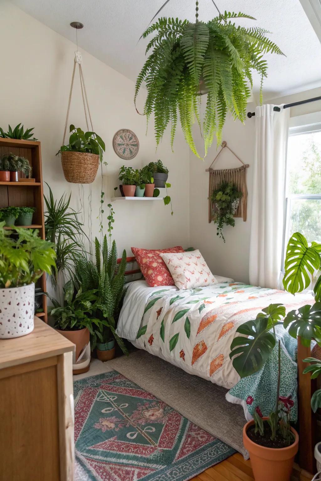 A lively teen room showcasing a variety of houseplants.