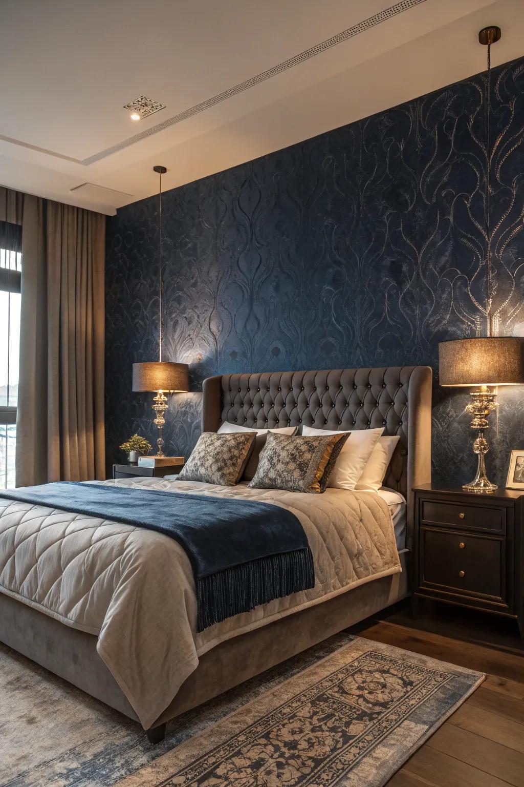 Textured dark blue wallpaper adds layers of depth to your space.