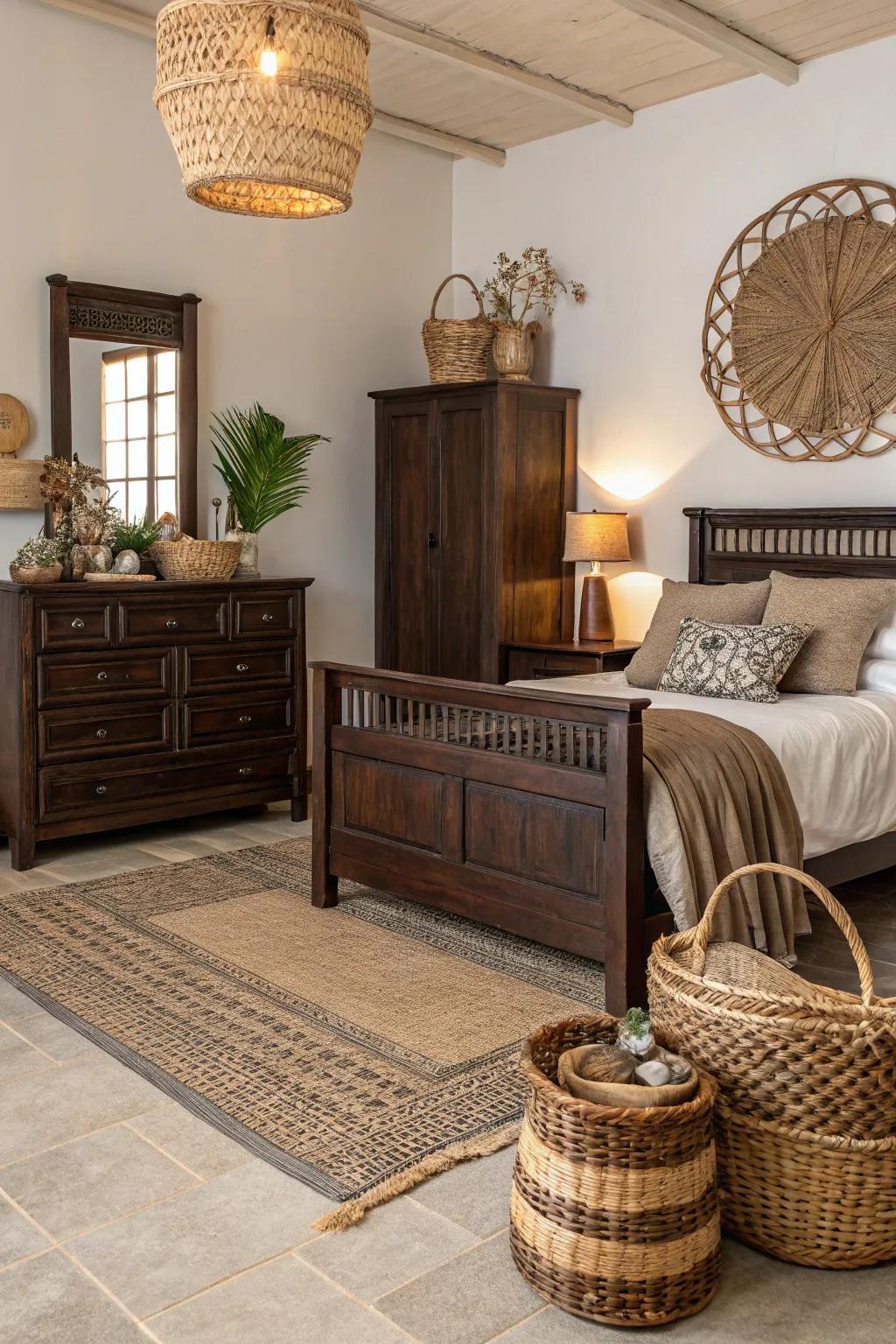 Unprocessed textures are a fine complement to the sturdiness of deep brown furniture.