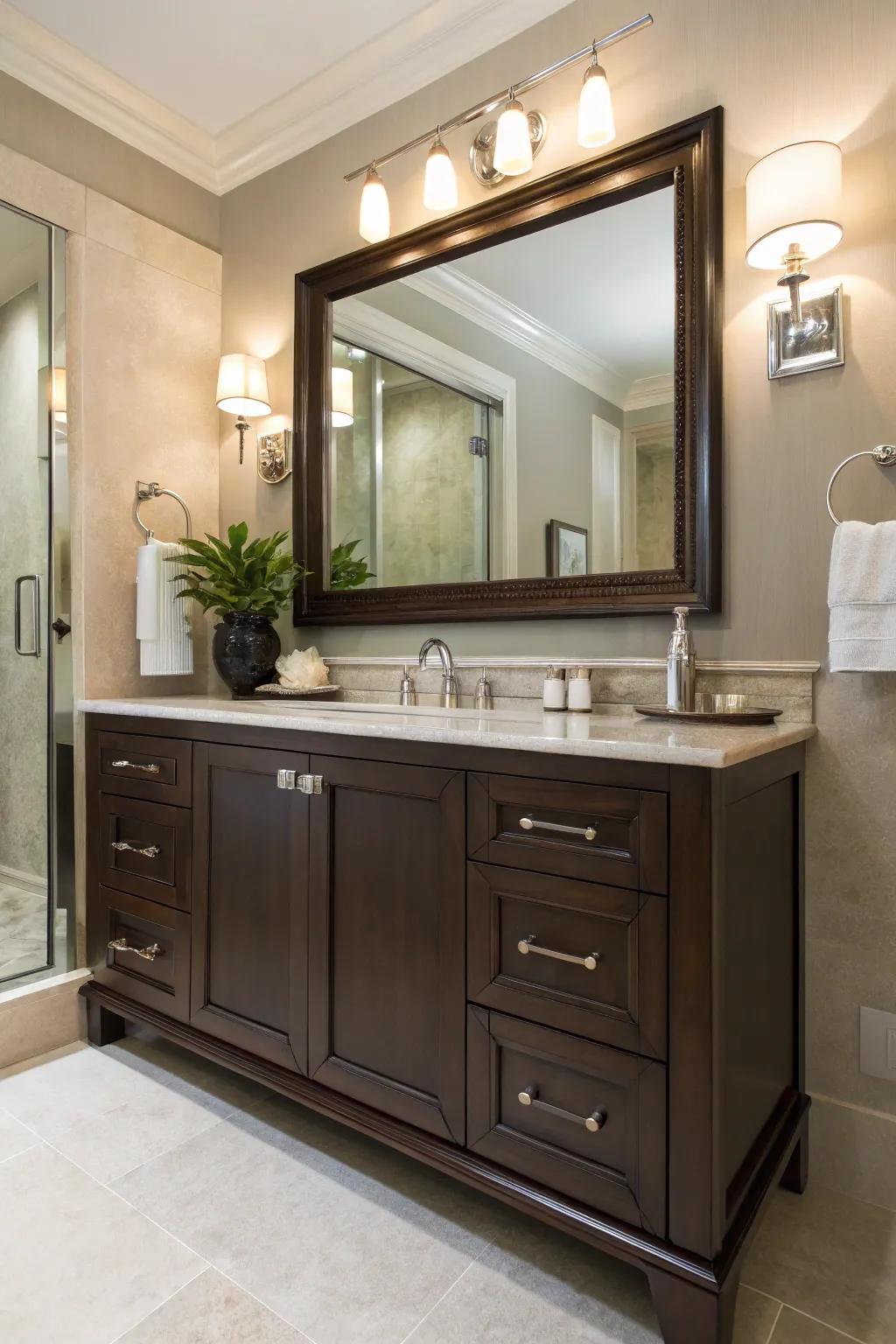 Metallic touches accentuate the elegance of a dark brown vanity.