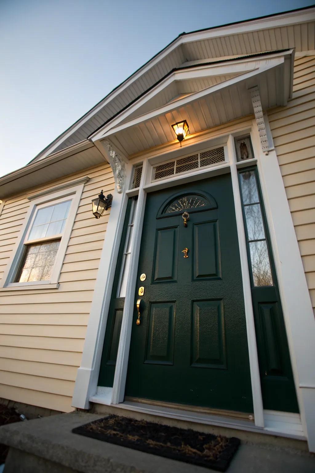The dark green door makes a stunning visual statement against a light cream backdrop.