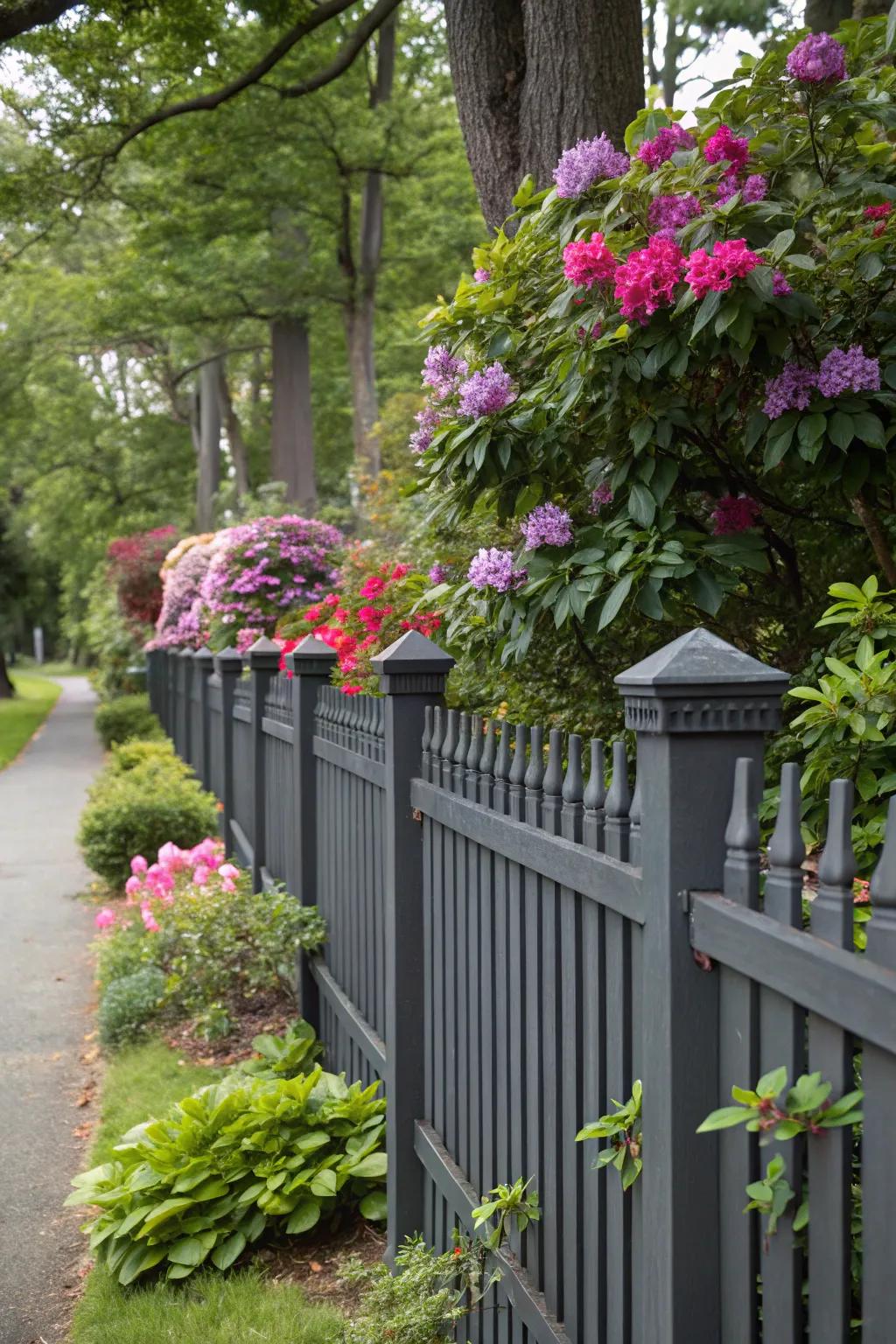 Bright blooms and lush foliage pop against a deep charcoal boundary.