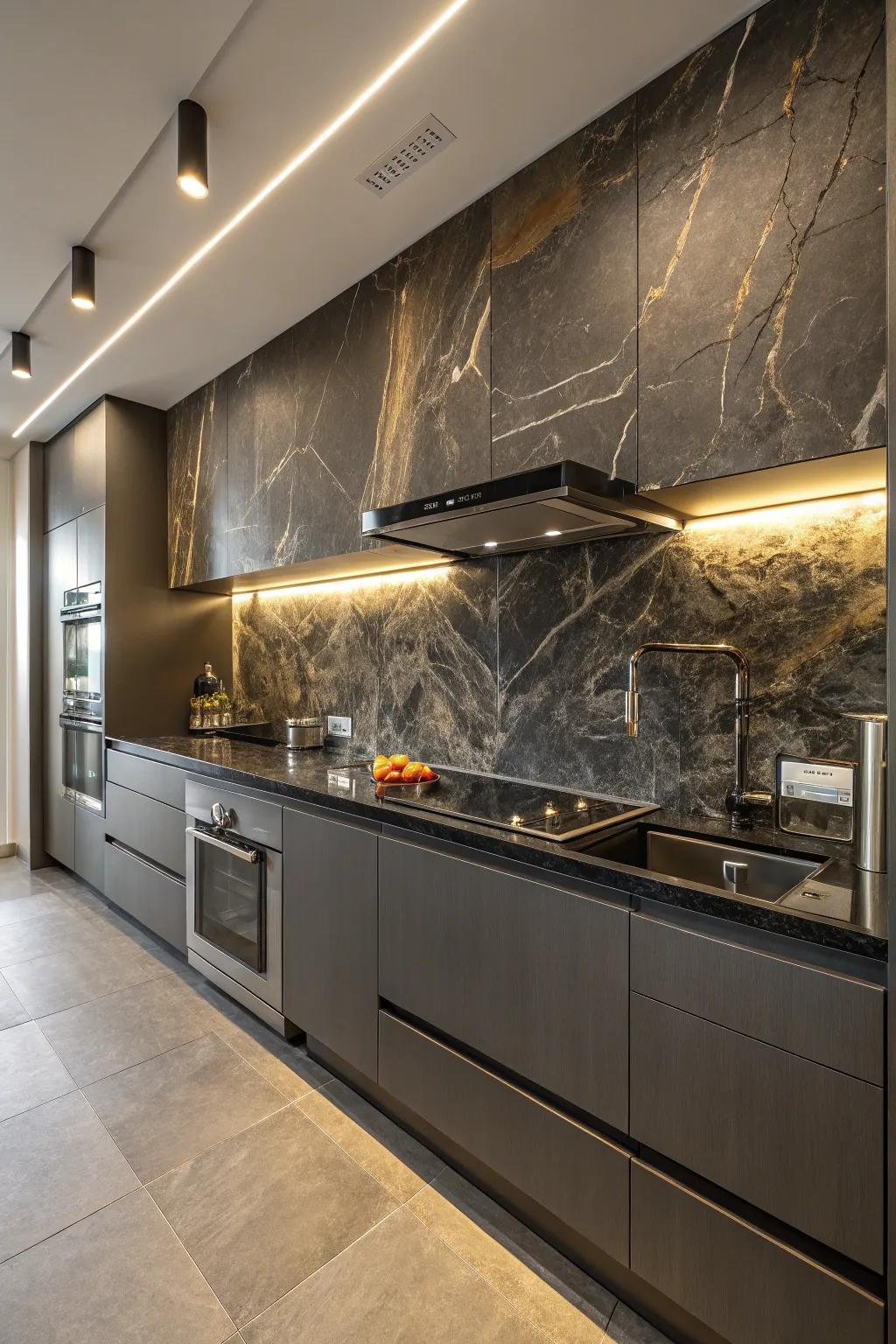 An elegant kitchen features a dark stone backsplash offset by sleek, modern fixtures.