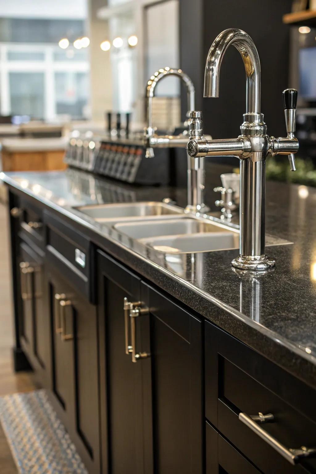 Contemporary refined metal accessories introduce a sleek, modern edge to shadowy cabinetry.