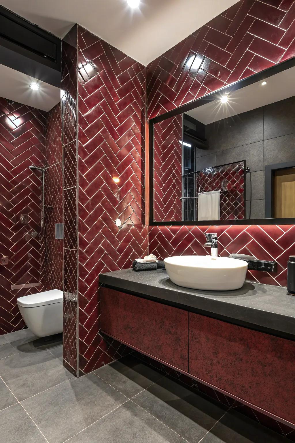 Patterned crimson tiles imbue your bathroom with visual charm and texture.
