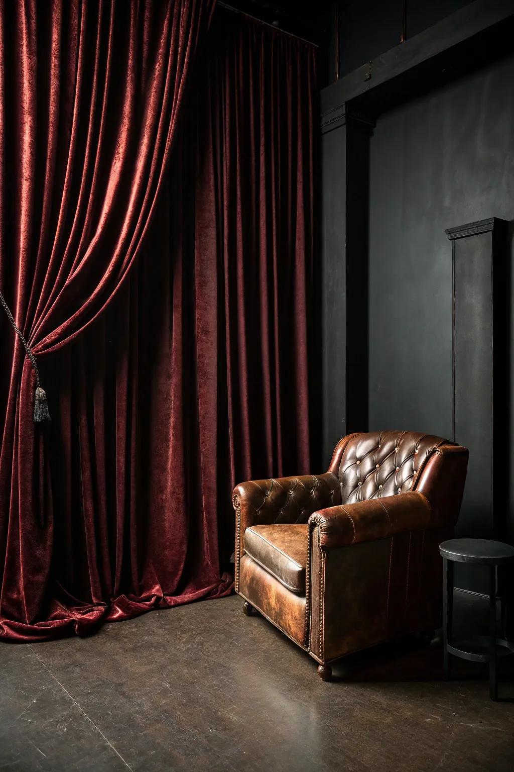 A space featuring velvet drapes and a hide armchair.
