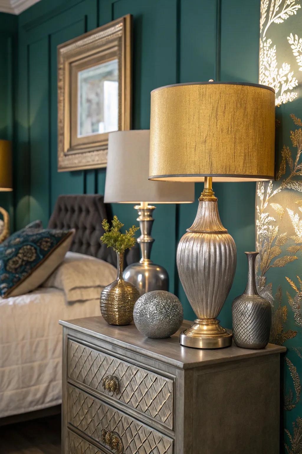 Metallic accents add a luxurious touch to the bedroom.