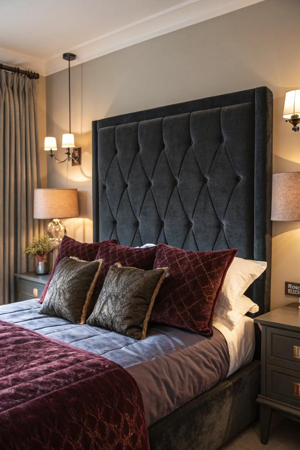 Velvet accents in rich hues bring luxurious warmth to a vintage-inspired bedroom.