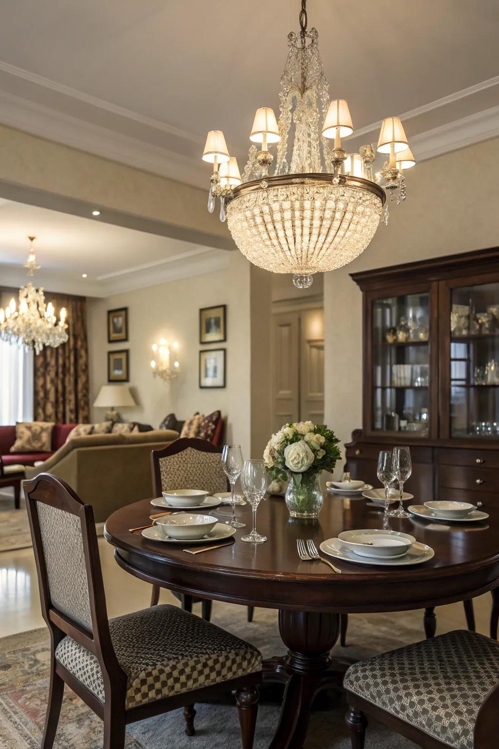 Strategic lighting amplifies the refined beauty of dark wood.