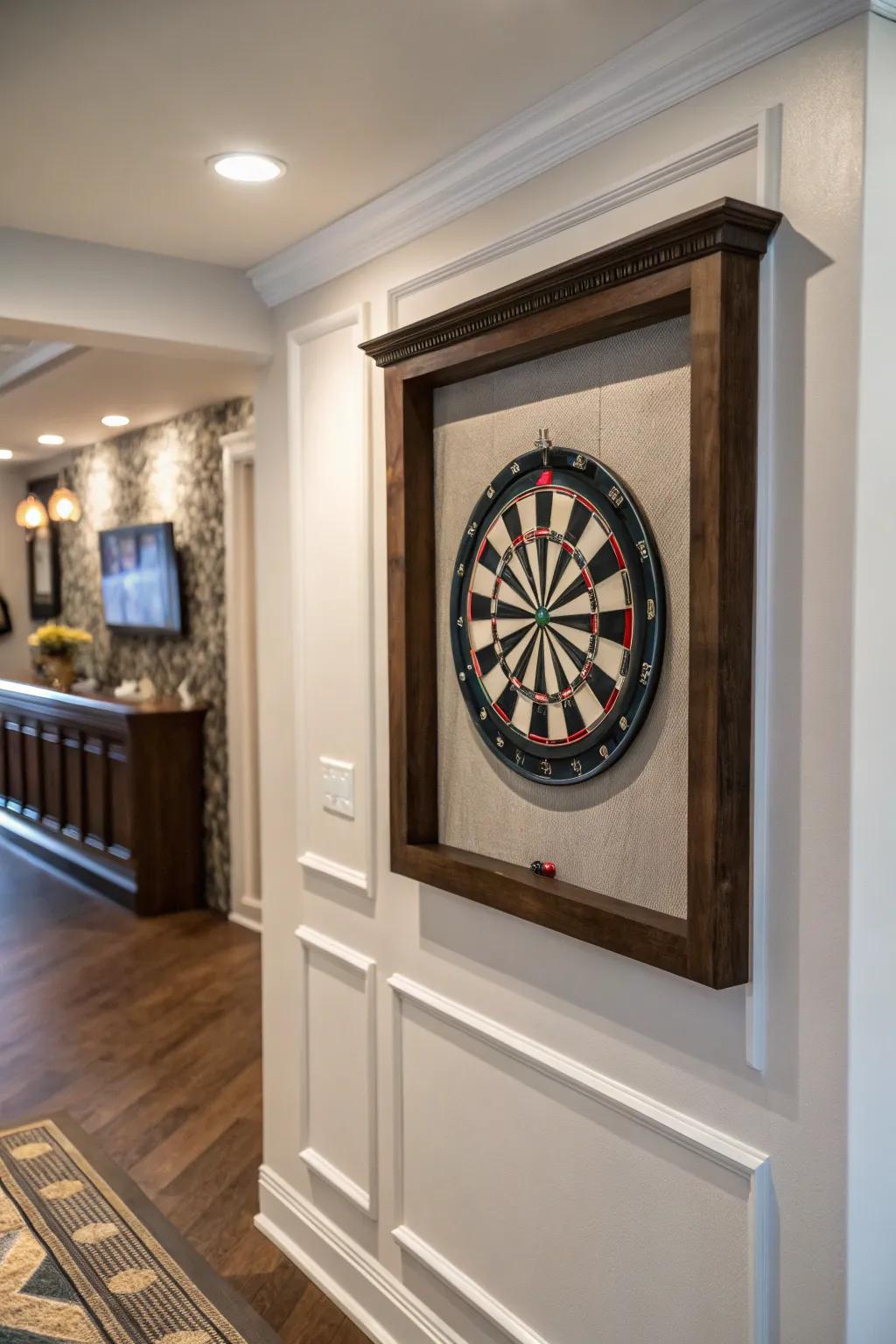 A framed dart board adds elegance and structure to your space.