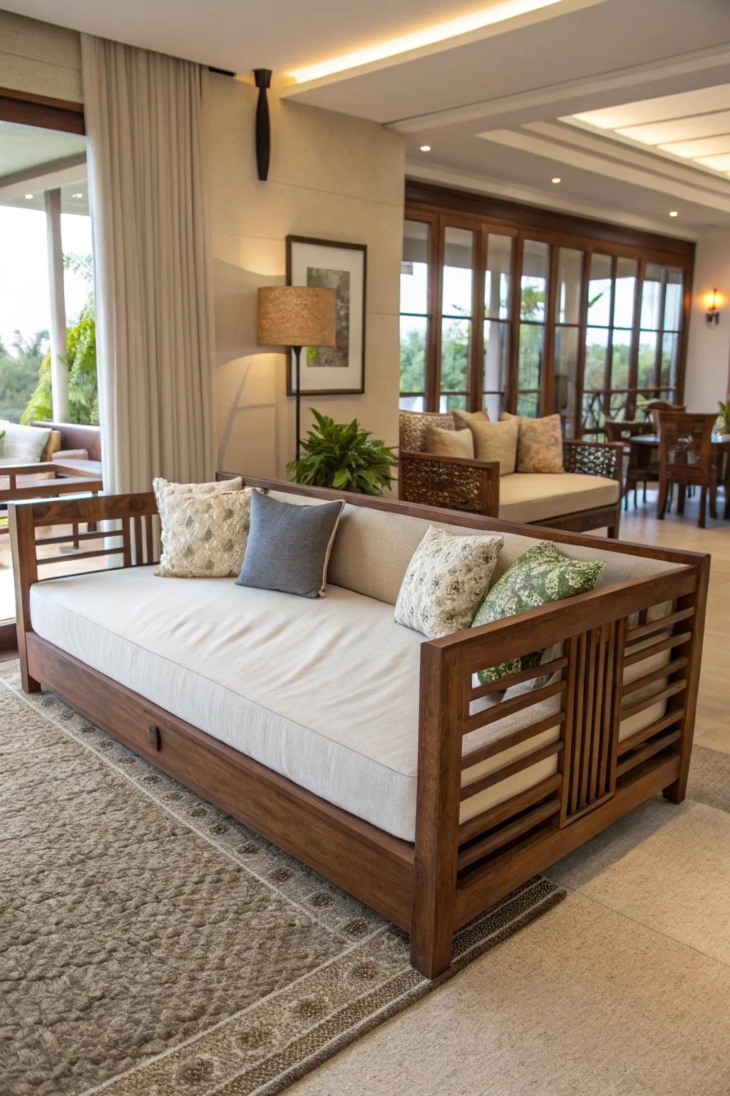 A daybed gracefully separates open living spaces.