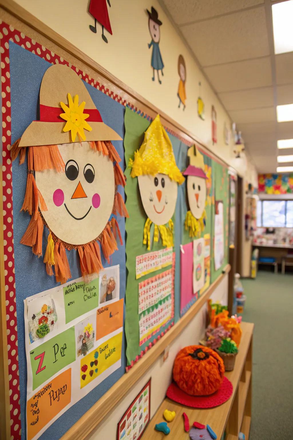 Scarecrow Buddies board displaying child-designed scarecrow faces.