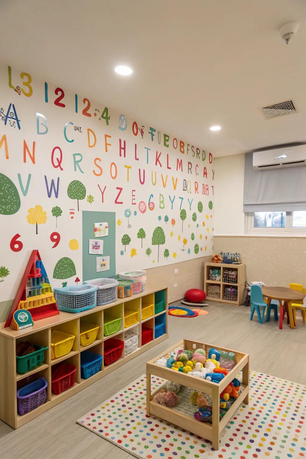 An educational backdrop with alphabet and number wallpaper.