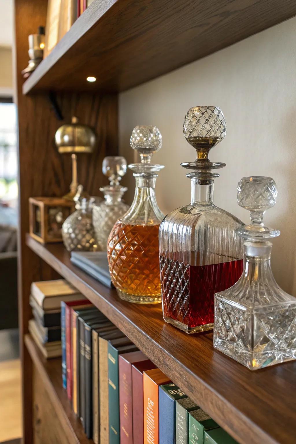 An assortment of carafes showcased on a shelf.
