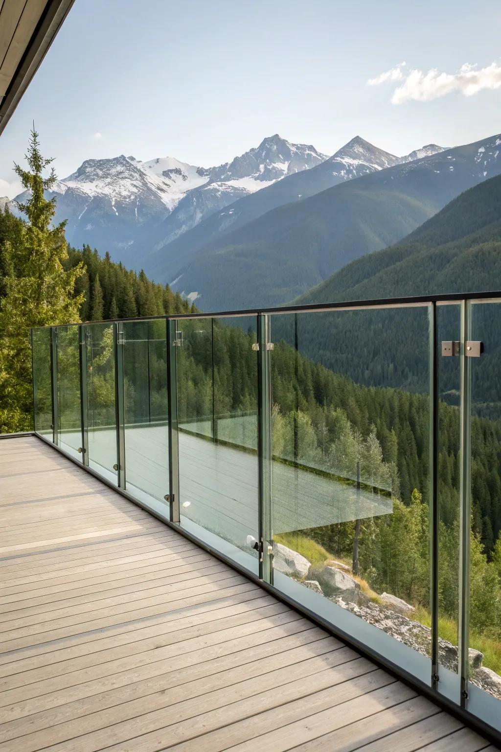 A scenic deck with glass panel balustrades, providing unobstructed views of majestic mountains.