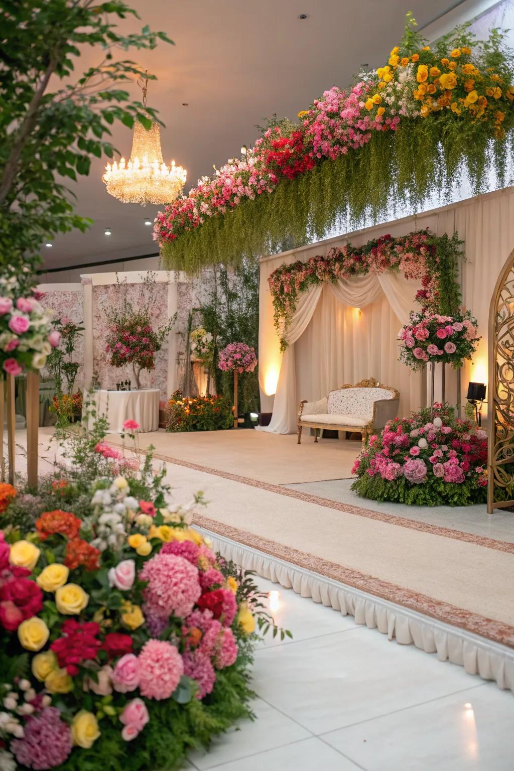 Vibrant flower decorations giving beauty to a wedding location.