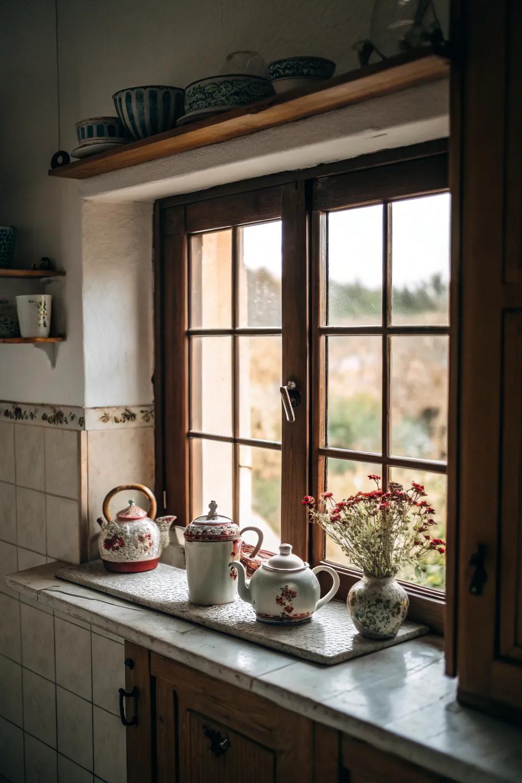 A window shelf beautifully showcases a collection of vintage teapots.