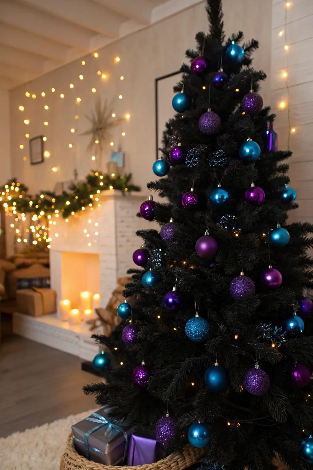 A striking dark Christmas fir with vibrant decorations.