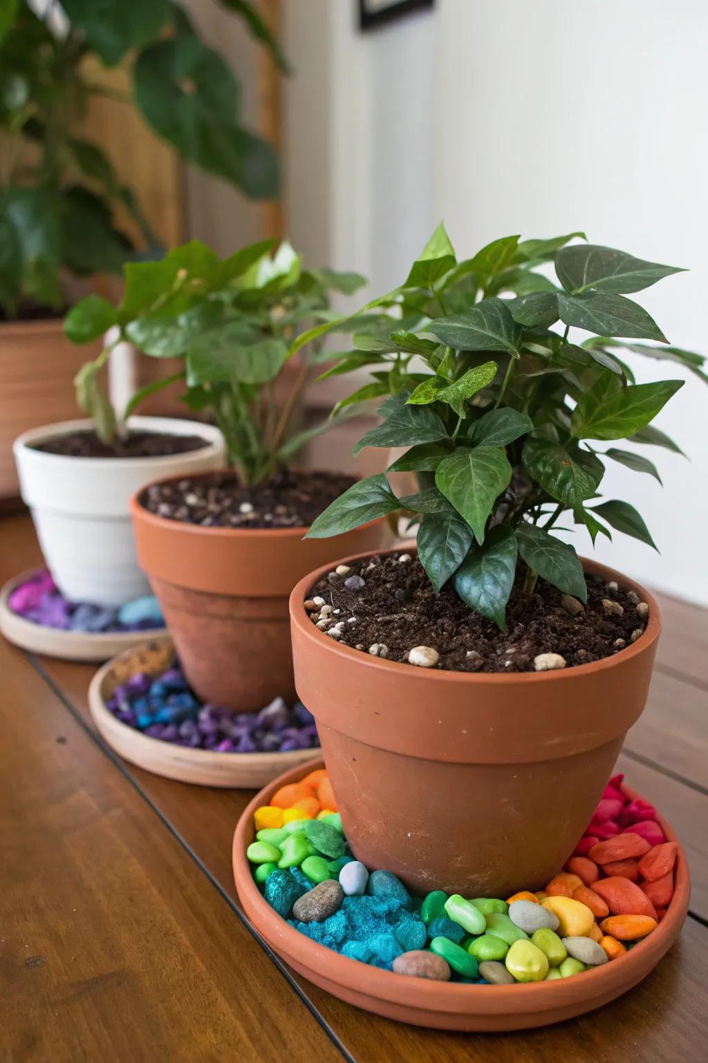 Enhance your plant presentation using vibrant stone toppings.