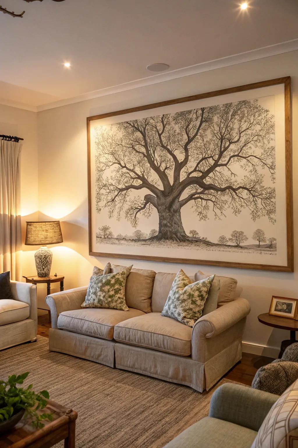 Picture a living room where a grand tree drawing stands as a serene centerpiece, linking indoors with nature.