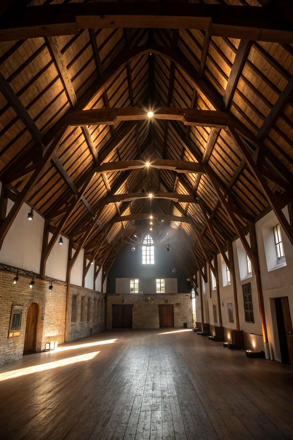 The striking architecture of the high ceiling is enhanced by exposed beams.