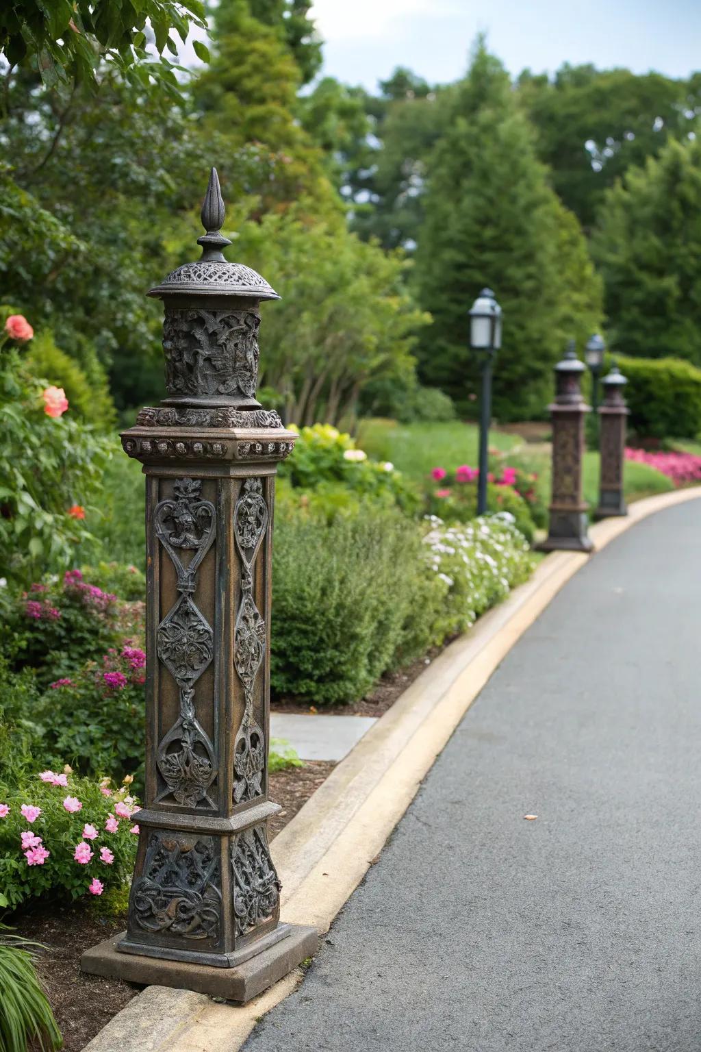 Detailed metallic columns bring sophistication to any driveway.