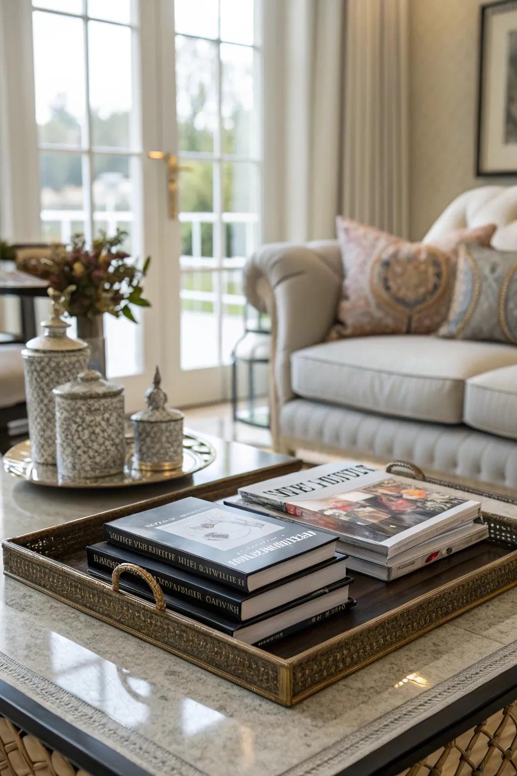 Literature elegantly stacked on a decor platter.