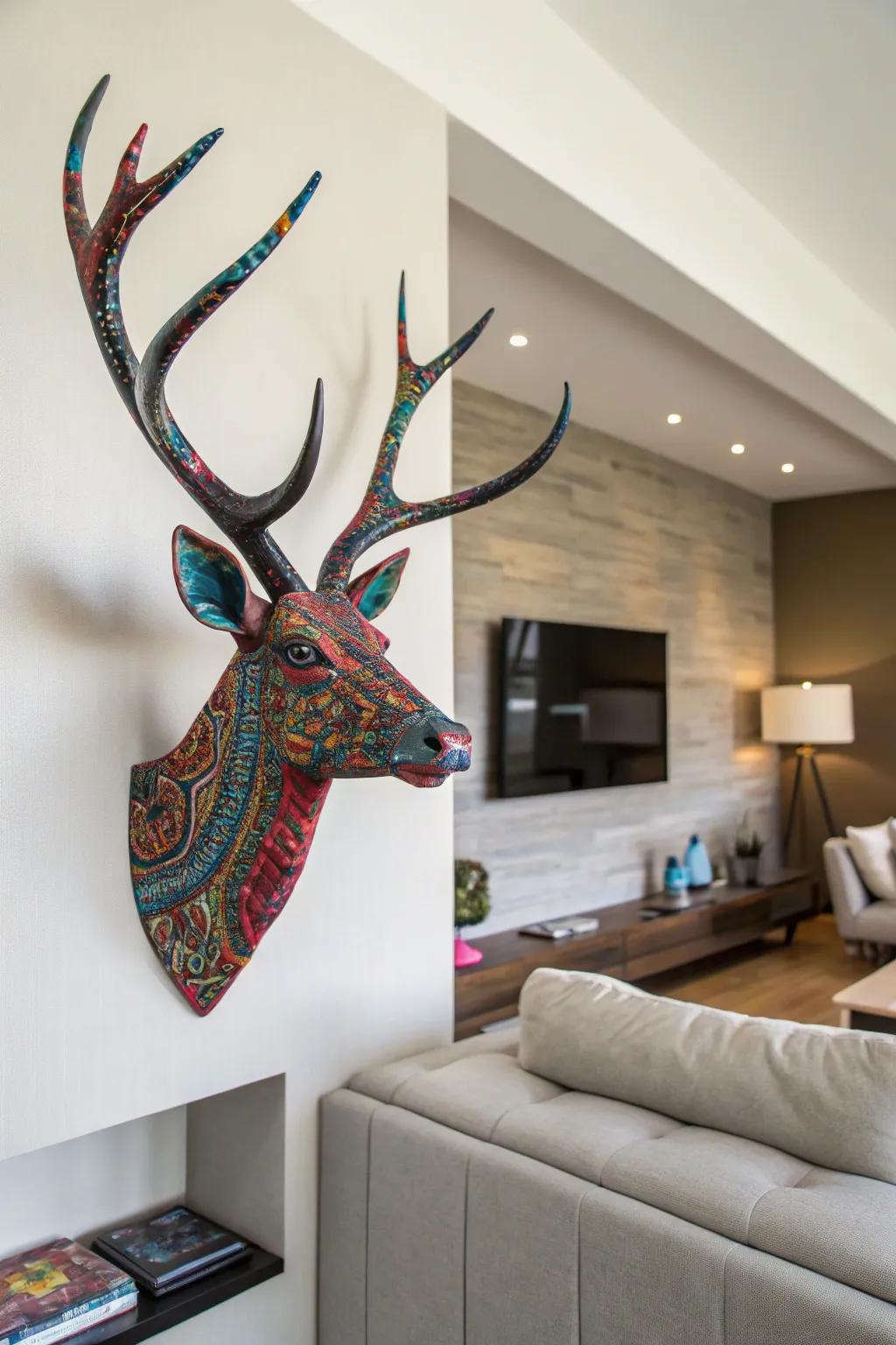 Vibrantly patterned hydro transferred deer antlers create a striking focal point in a modern living area.