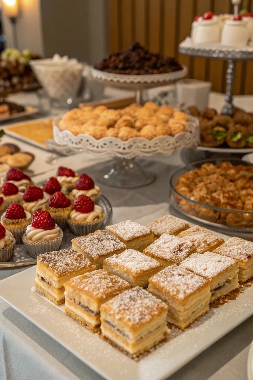 A goodies display featuring baked delights and pastries dusted with crushed honey crackers.