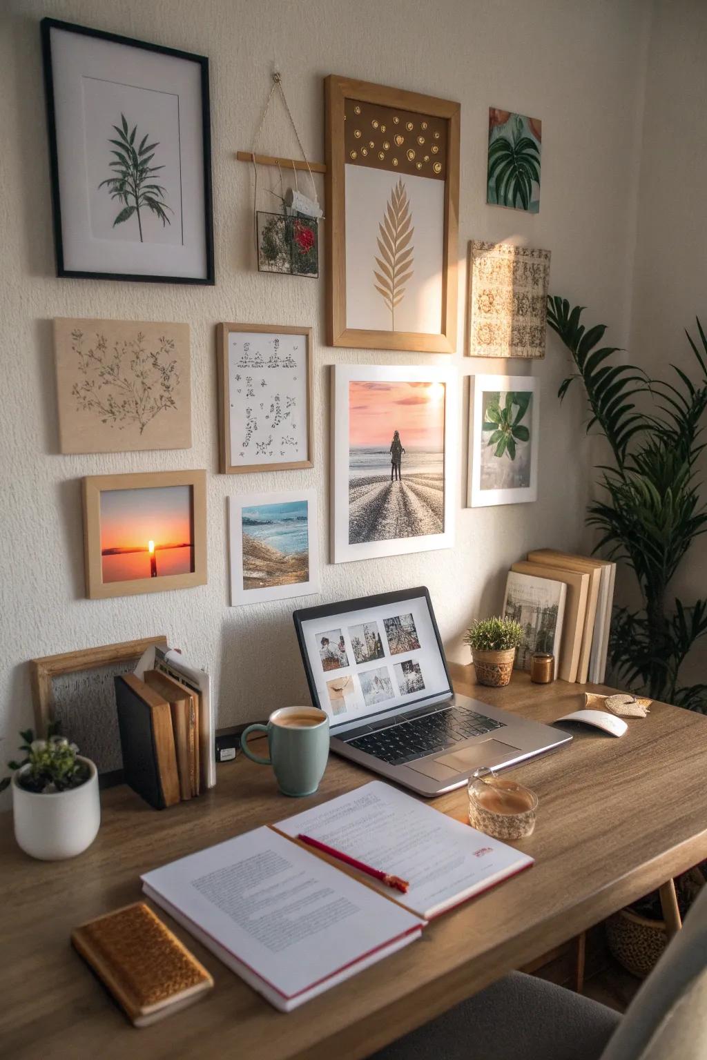 Framed art and uplifting quotes elevate the desk's overall aesthetic.