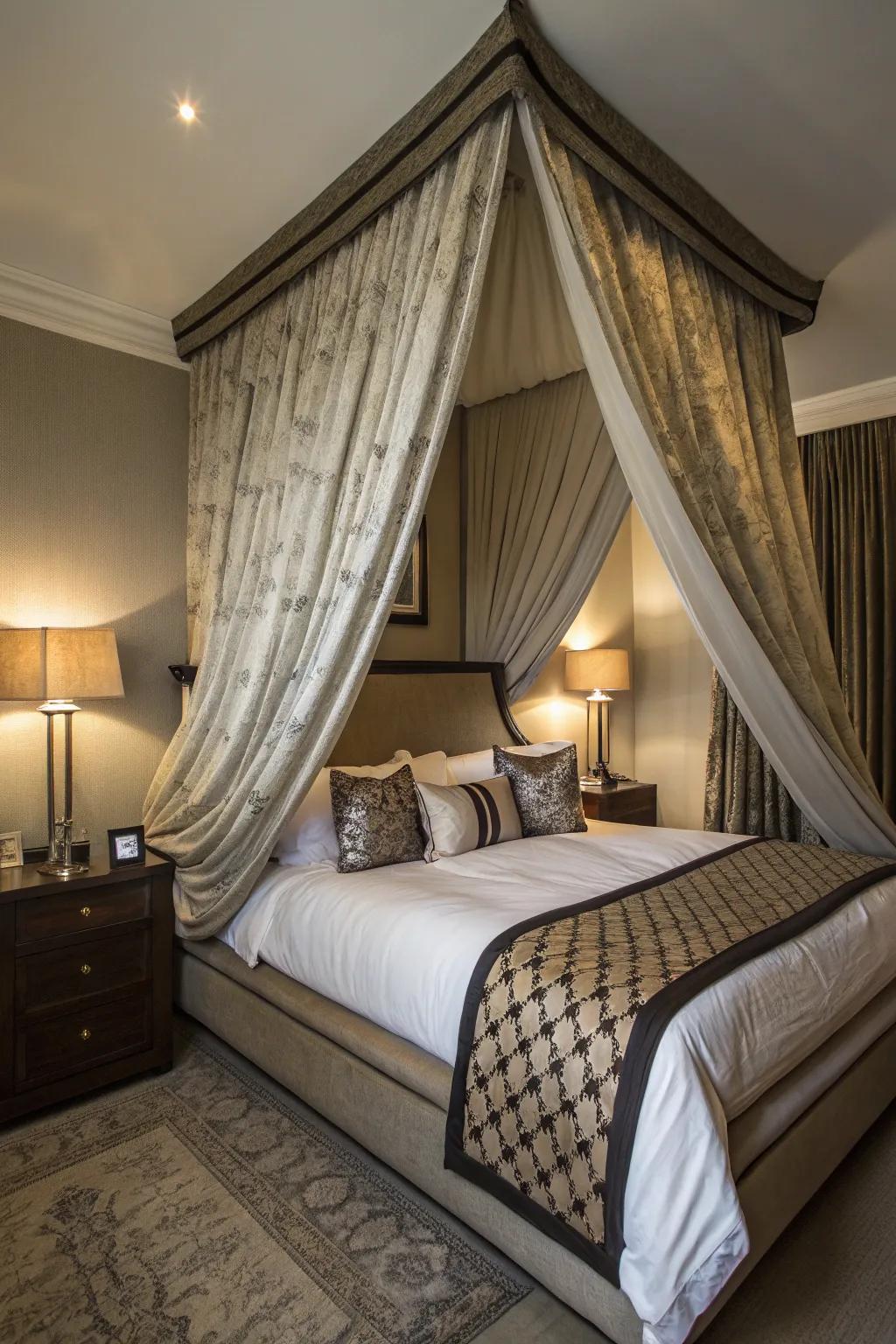 A canopy transforms a diagonal bed into an opulent sanctuary.