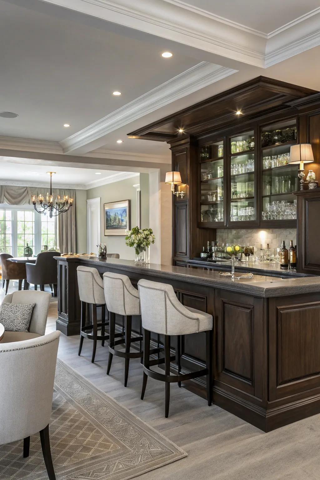 Dark and neutral tones create a chic and modern bar area.
