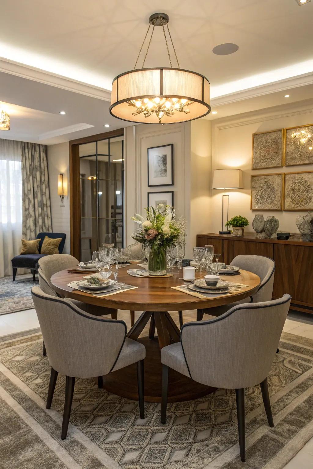 A circular table provides a comfortable and intimate dining setting.