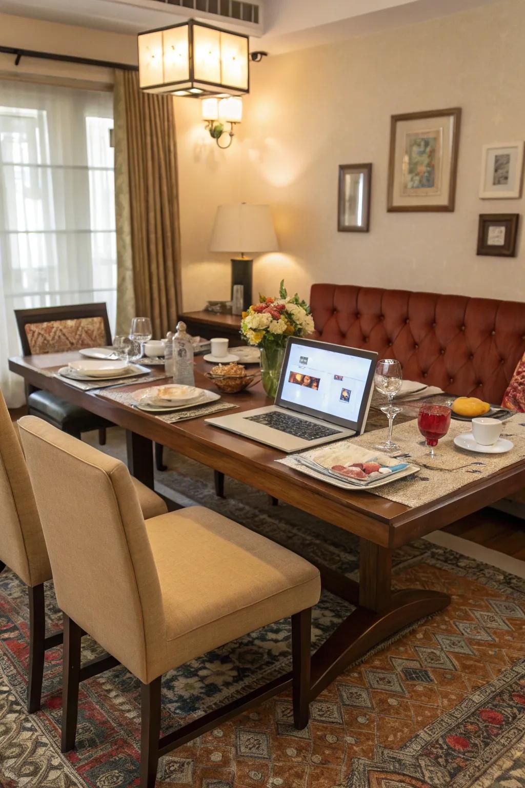 Comfortable seating that caters to both dining and working needs.