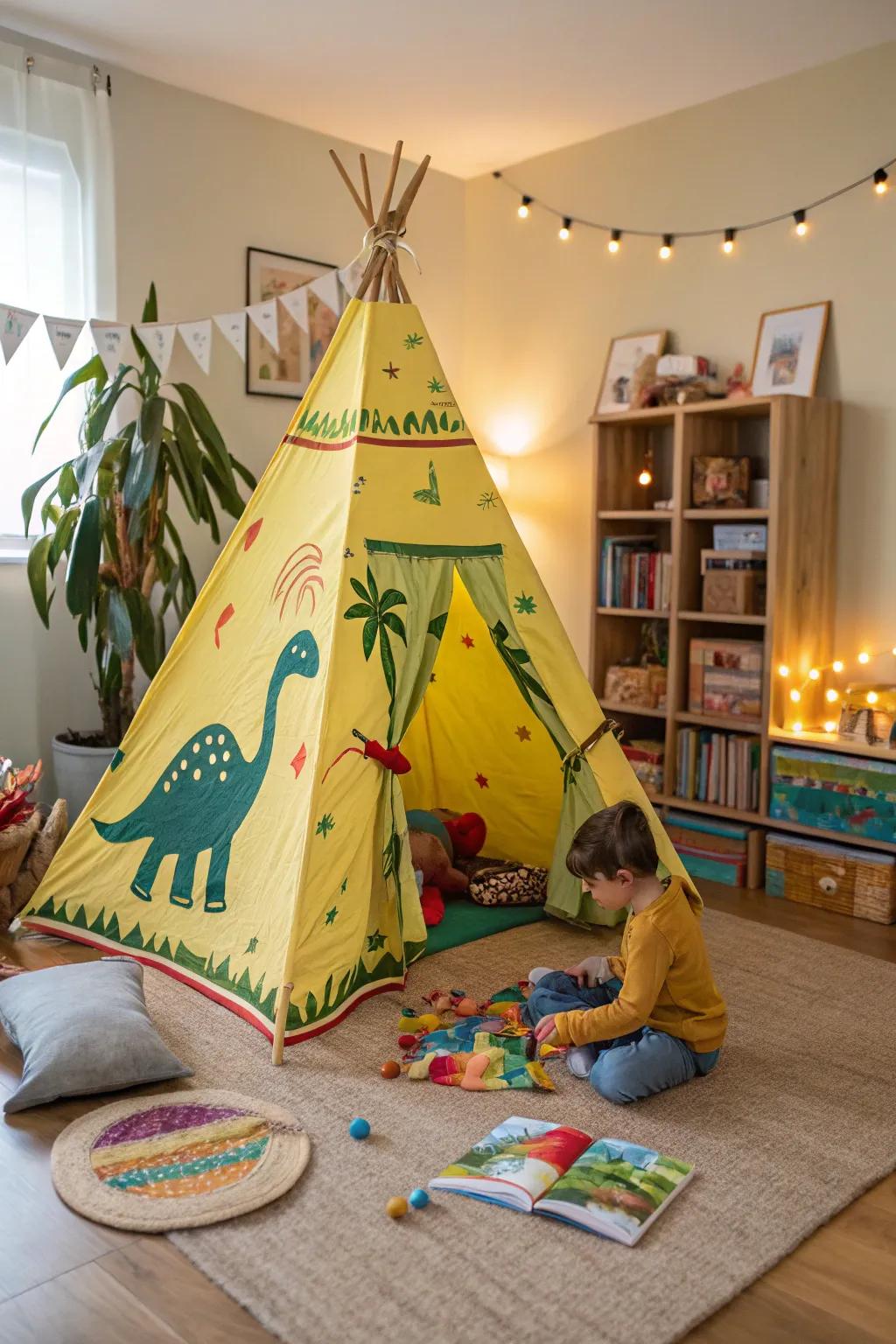 A joyful dinosaur-themed teepee, offering a cozy hideout for budding adventurers.
