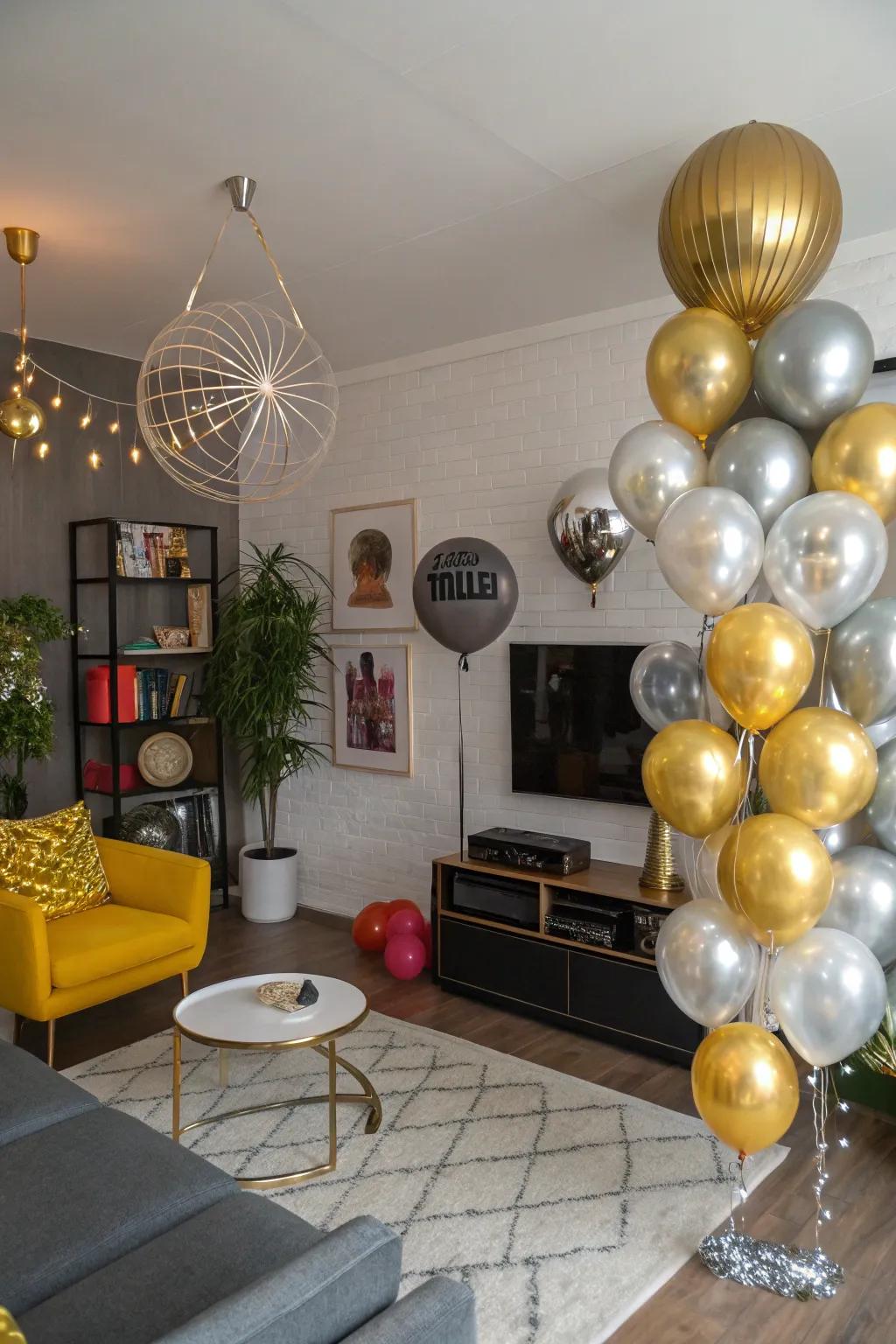 Metallic balloons add a festive flair to a disco party setup.