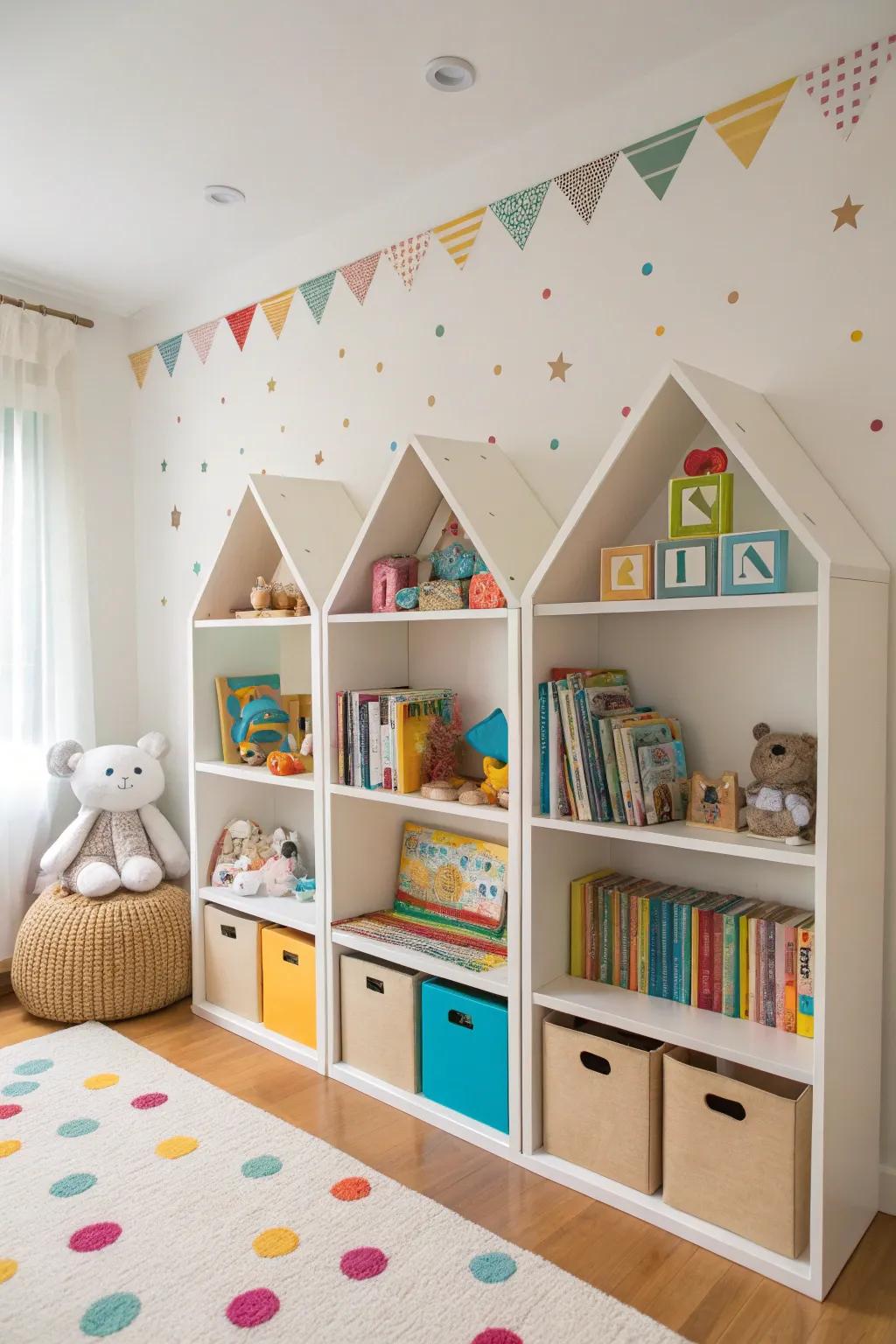 Playful shelves in a child's room.