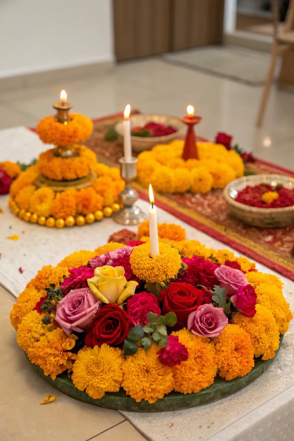 Flower compositions of marigolds and roses bringing elegance to the Diwali table.
